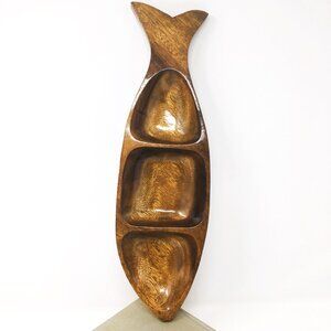 Vintage Hand Carved Monkey Pod Acacia Wood Three Compartment Serving Tray